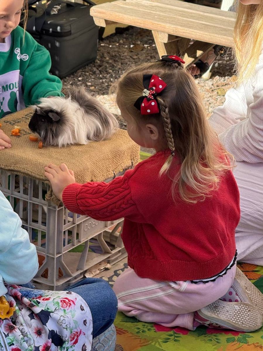 Child cradling a guinea pig during the animal tour