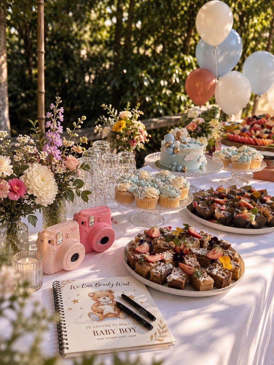 Morning or Afternoon Tea Platter at a baby shower in the Fairhill gardens: cupcakes, cake, slices and muffins on a flower-dressed table