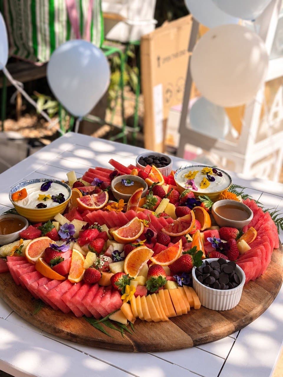 Feeling Fruity Platter at a Fairhill baby shower: watermelon, strawberries, orange and pineapple with yoghurt, honey and chocolate dips