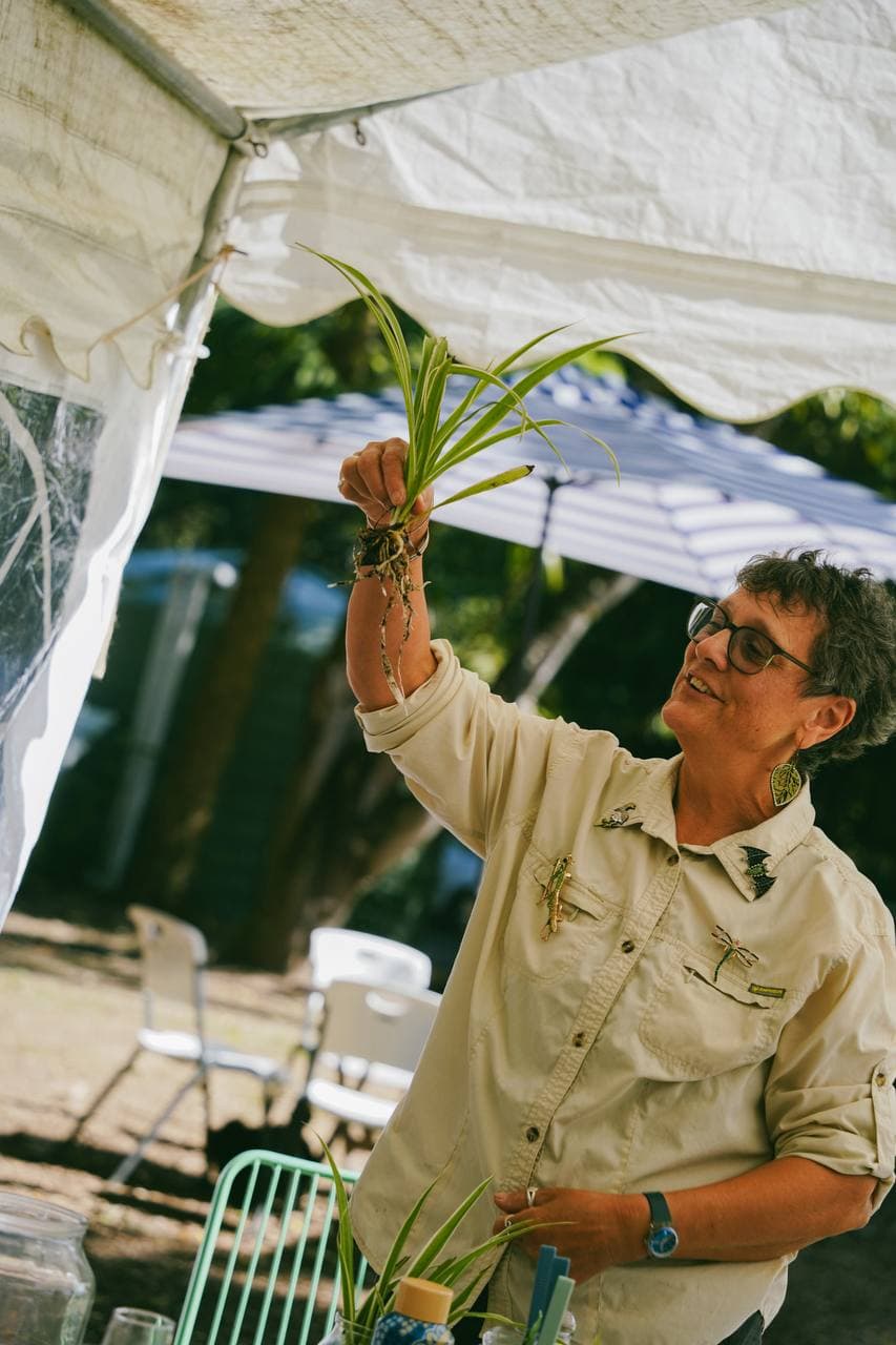 Dr Sarah Pye holding up a spider plant to show its roots during the workshop
