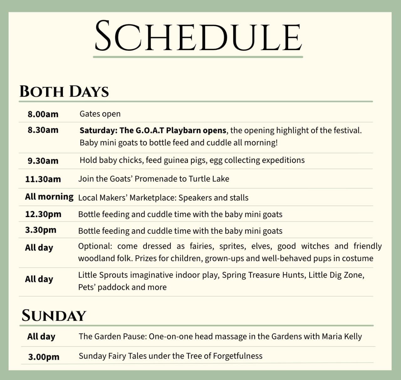 Festival schedule card: both days and Sunday, as listed in the programme text