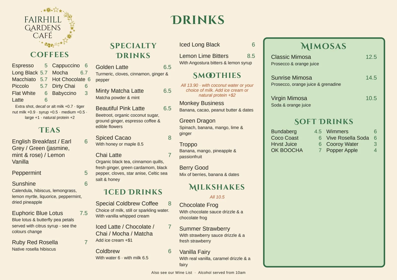The Gardens Café printed menu, page 2: Drinks, Cakes & Desserts. Coffees, teas, specialty drinks, iced drinks, smoothies and milkshakes, and a green panel of desserts and cakes, Devonshire scones, mimosas and soft drinks.
