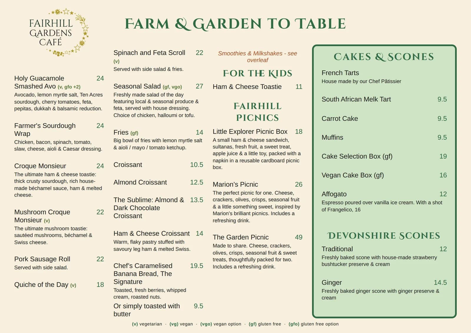 The Gardens Café printed menu, page 1: Farm & Garden to Table. The All Day Menu with breakfast, burgers, toasties, salads and pastries, For the Kids and Fairhill Picnics, and a green panel of Weekend Favourites with Extra Favourites for the Kids and the choice of sides.