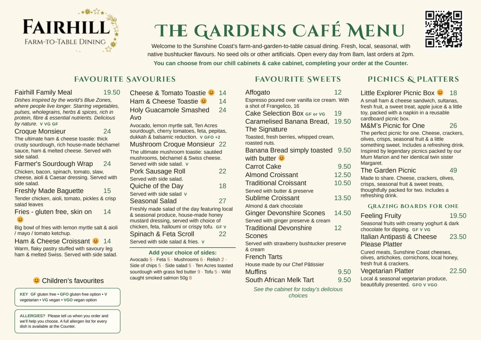 The Gardens Café menu, page 1: Favourite Savouries including the Fairhill Family Meal, croque monsieur, wraps, baguette and toasties; Favourite Sweets; Picnics & Platters and Grazing Boards for One.