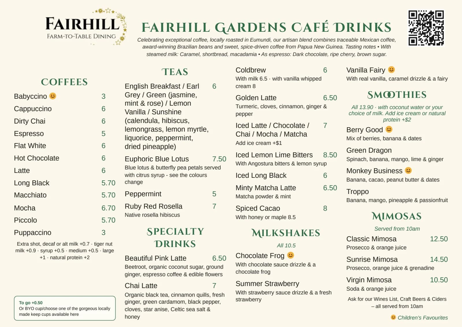 The Gardens Café menu, page 2: Drinks. Coffees, teas, specialty drinks, iced drinks, smoothies and milkshakes.
