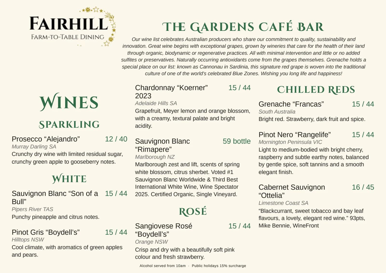 The Gardens Café Bar, page 3: the wine list, sparkling, white, rosé and red wines from Australian producers.