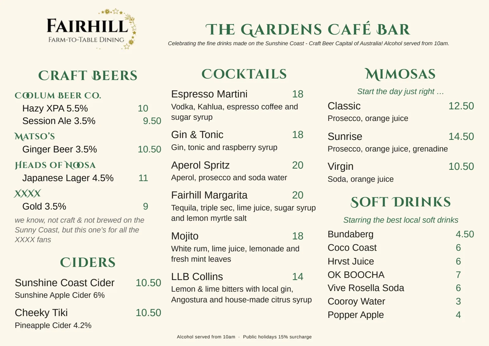 The Gardens Café Bar, page 4: Sunshine Coast craft beers, ciders, cocktails and mimosas.