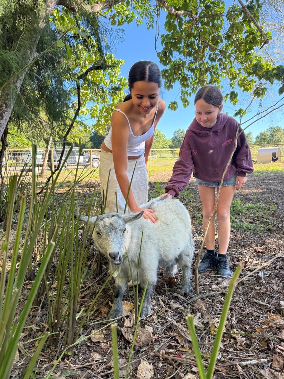 Two volunteers in the gardens at Fairhill, saying hello to one of the goats
